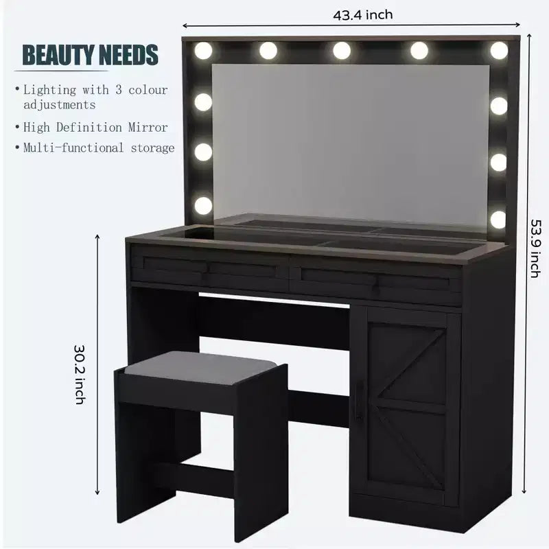 Coiffeuse avec grand miroir, Table de maquillage avec plateau en verre transparent