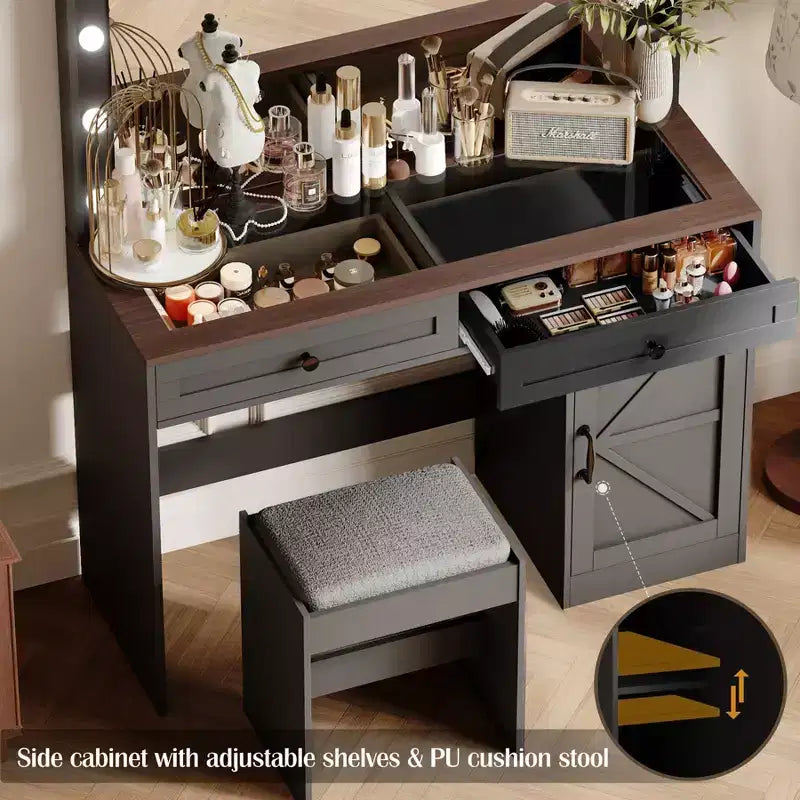 Coiffeuse avec grand miroir, Table de maquillage avec plateau en verre transparent