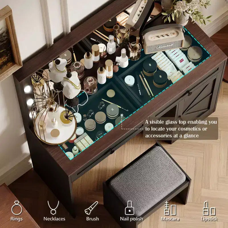 Coiffeuse avec grand miroir, Table de maquillage avec plateau en verre transparent