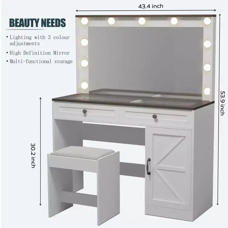 Coiffeuse avec grand miroir, Table de maquillage avec plateau en verre transparent