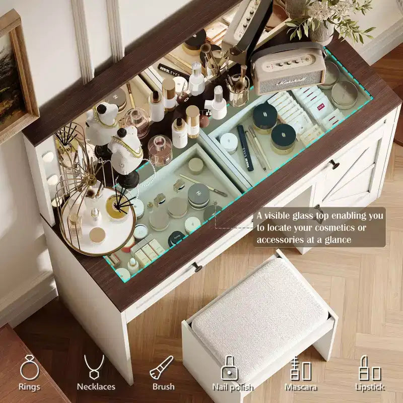 Coiffeuse avec grand miroir, Table de maquillage avec plateau en verre transparent