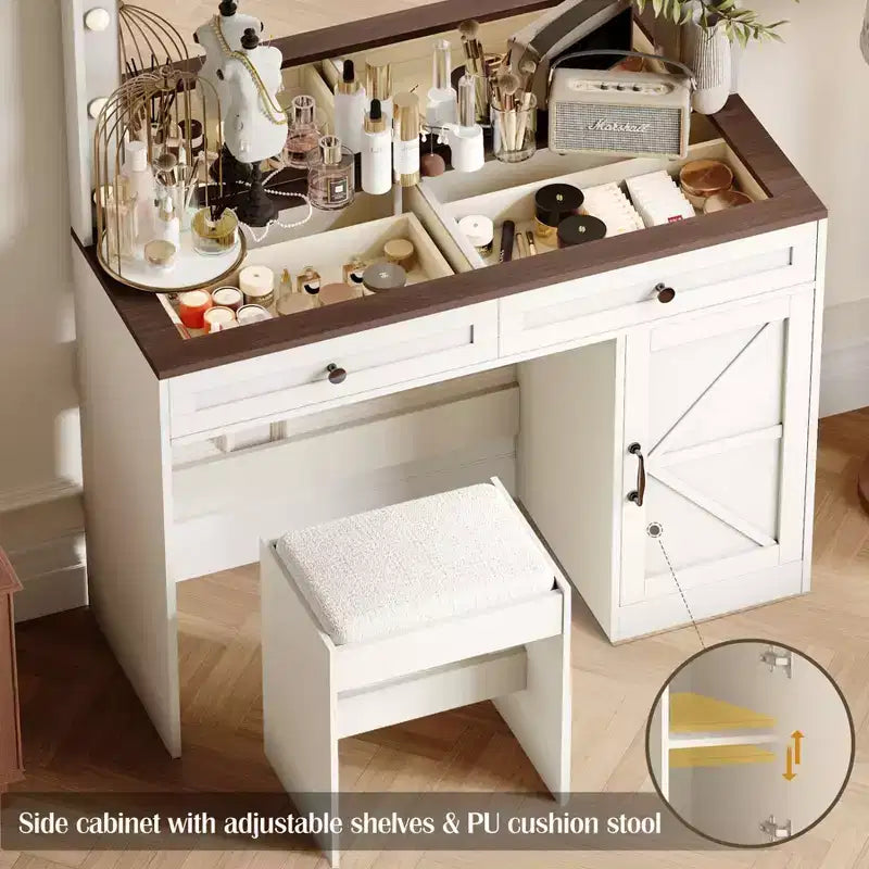 Coiffeuse avec grand miroir, Table de maquillage avec plateau en verre transparent