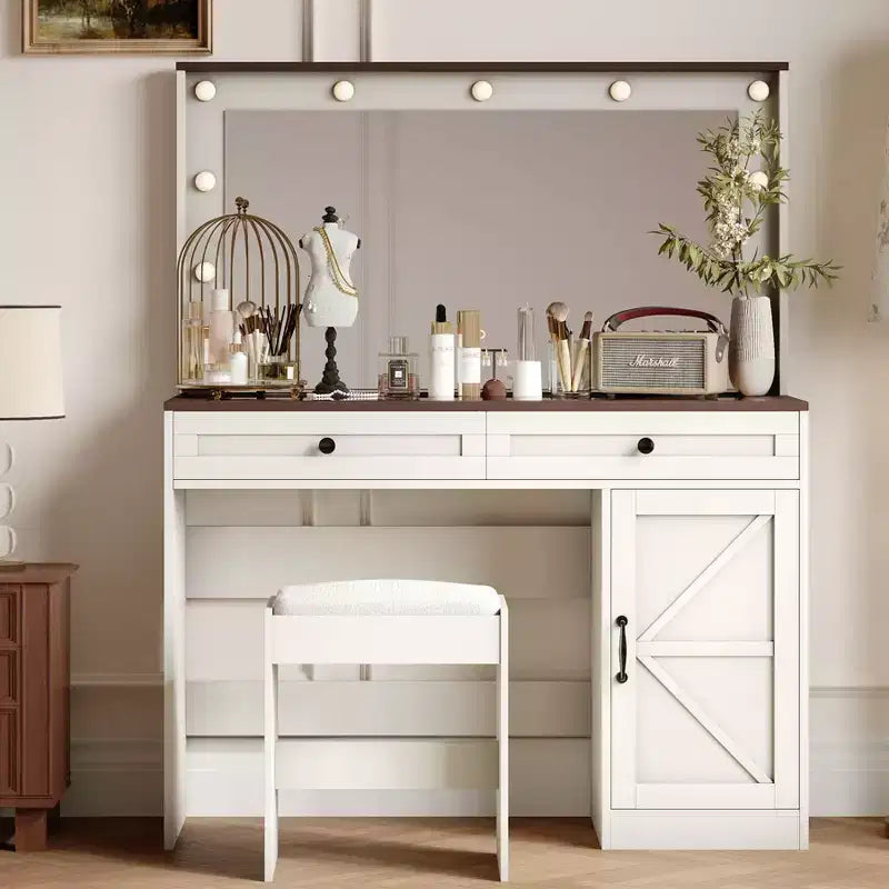 Coiffeuse avec grand miroir, Table de maquillage avec plateau en verre transparent