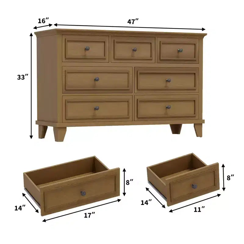 Commode à 7 tiroirs, Grande commode en bois avec poignées métalliques