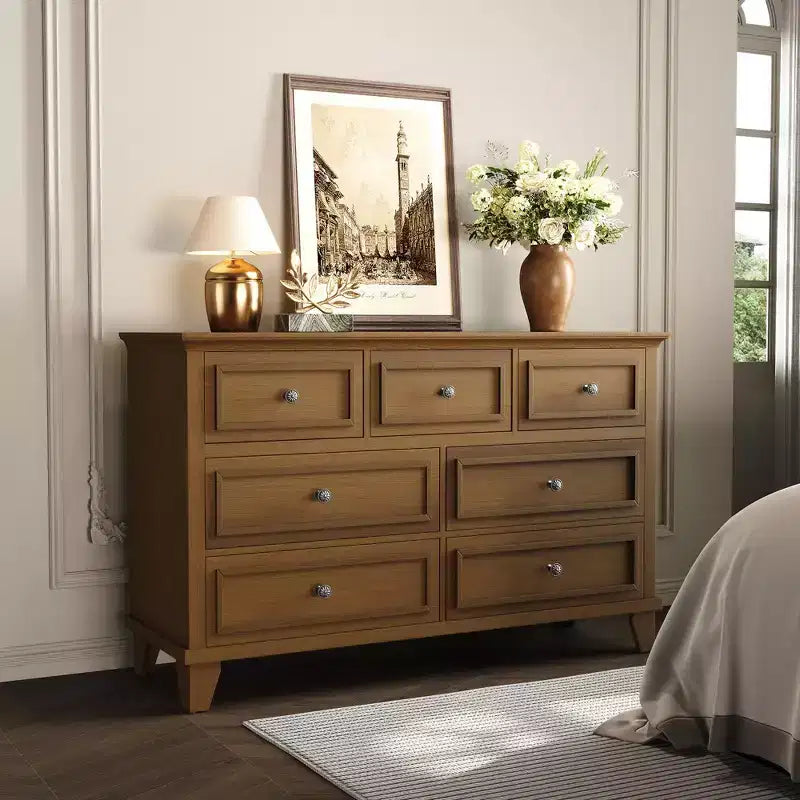 Commode à 7 tiroirs, Grande commode en bois avec poignées métalliques