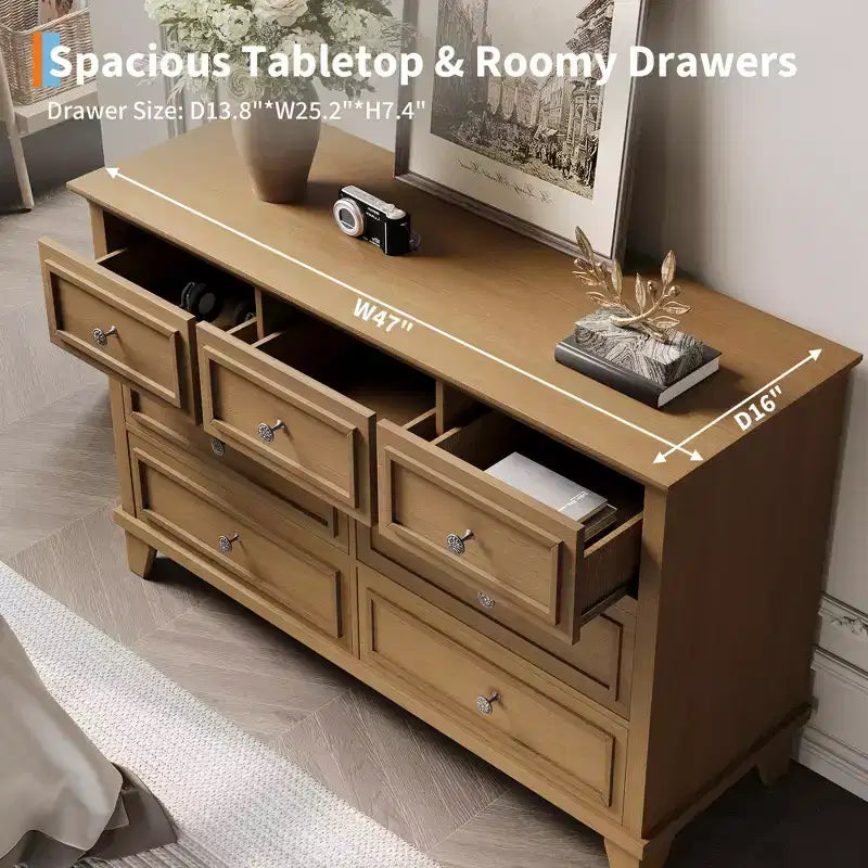 Commode à 7 tiroirs, Grande commode en bois avec poignées métalliques