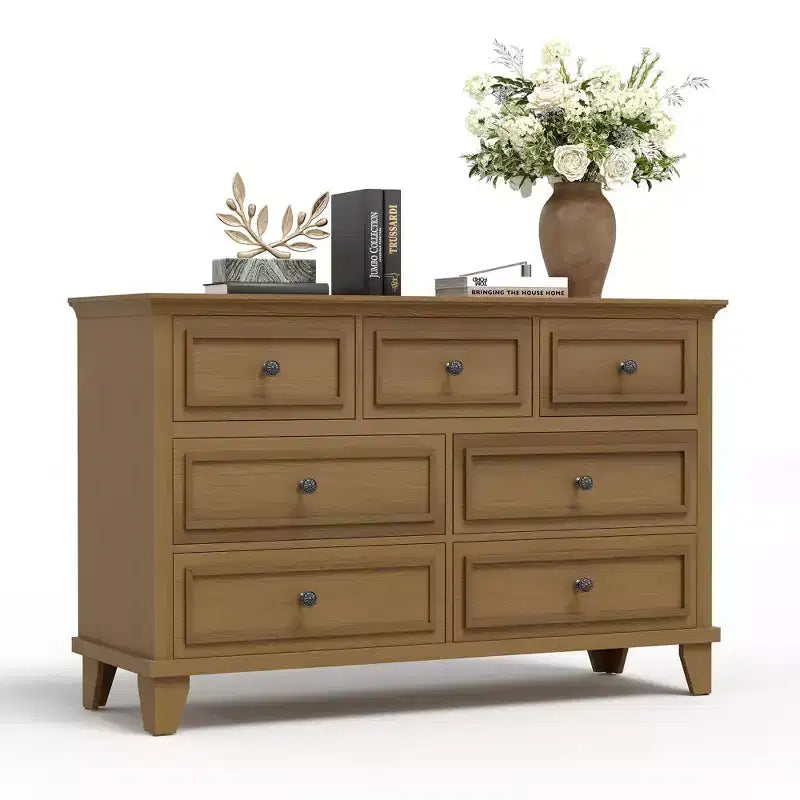 Commode à 7 tiroirs, Grande commode en bois avec poignées métalliques