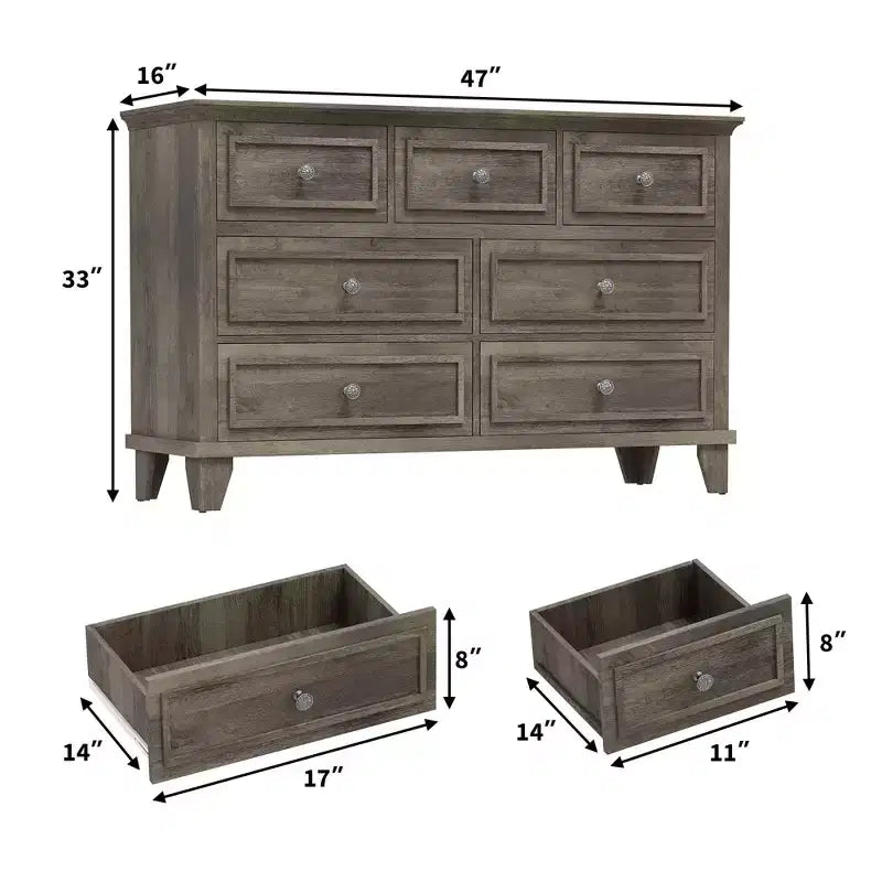 Commode à 7 tiroirs, Grande commode en bois avec poignées métalliques