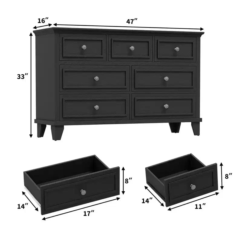 Commode à 7 tiroirs, Grande commode en bois avec poignées métalliques