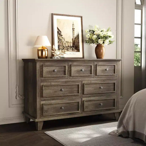 Commode à 7 tiroirs, Grande commode en bois avec poignées métalliques