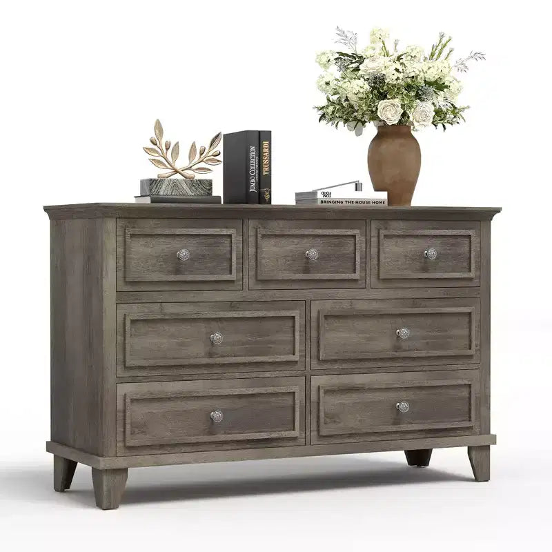 Commode à 7 tiroirs, Grande commode en bois avec poignées métalliques