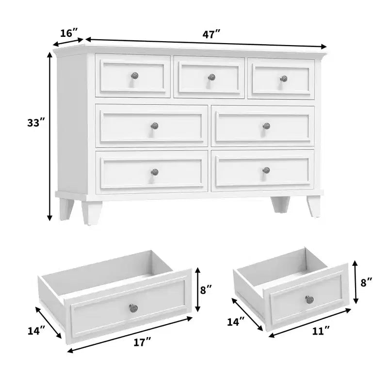 Commode à 7 tiroirs, Grande commode en bois avec poignées métalliques
