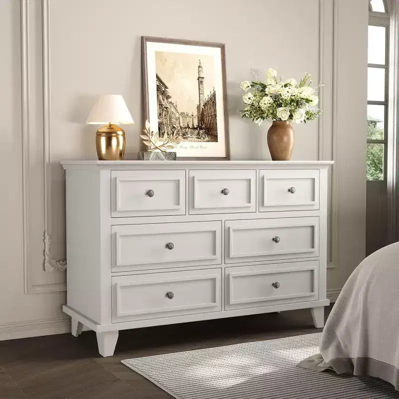 Commode à 7 tiroirs, Grande commode en bois avec poignées métalliques