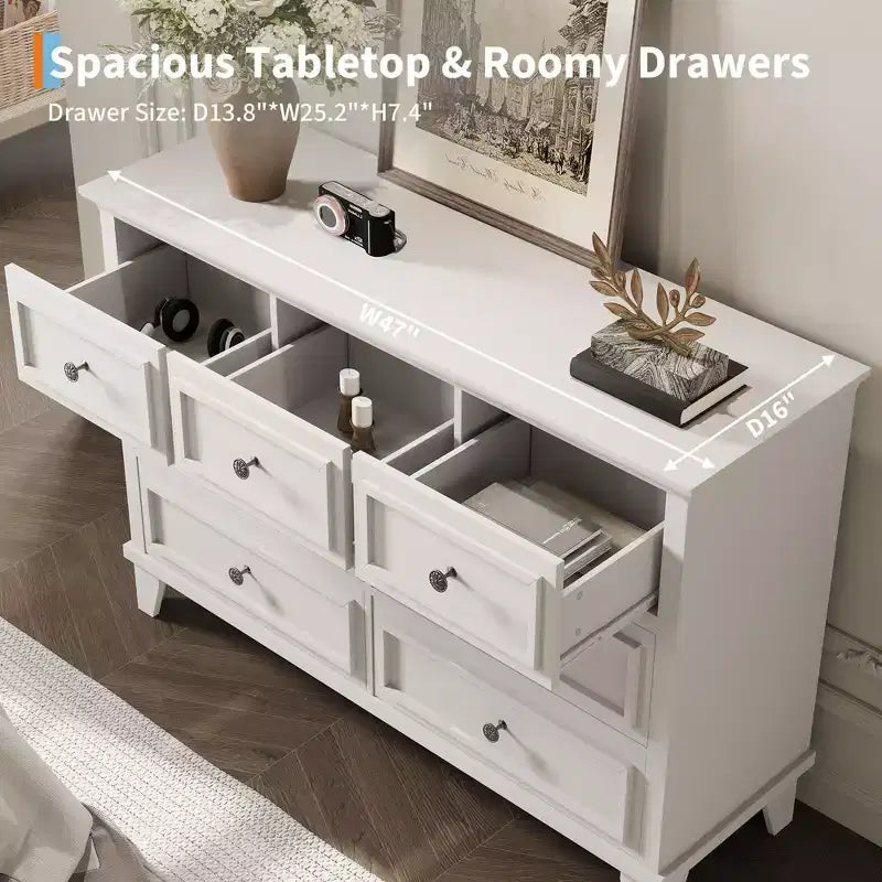 Commode à 7 tiroirs, Grande commode en bois avec poignées métalliques