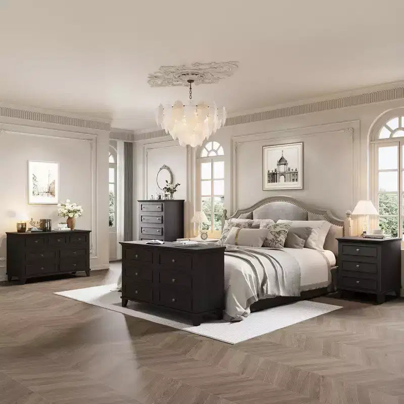 Commode à 7 tiroirs, Grande commode en bois avec poignées métalliques