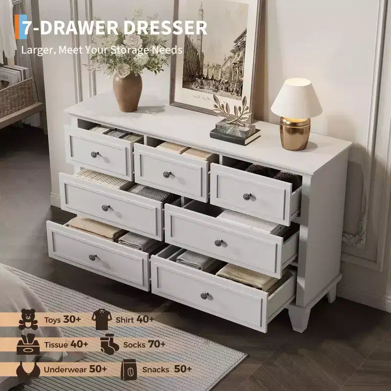 Commode à 7 tiroirs, Grande commode en bois avec poignées métalliques