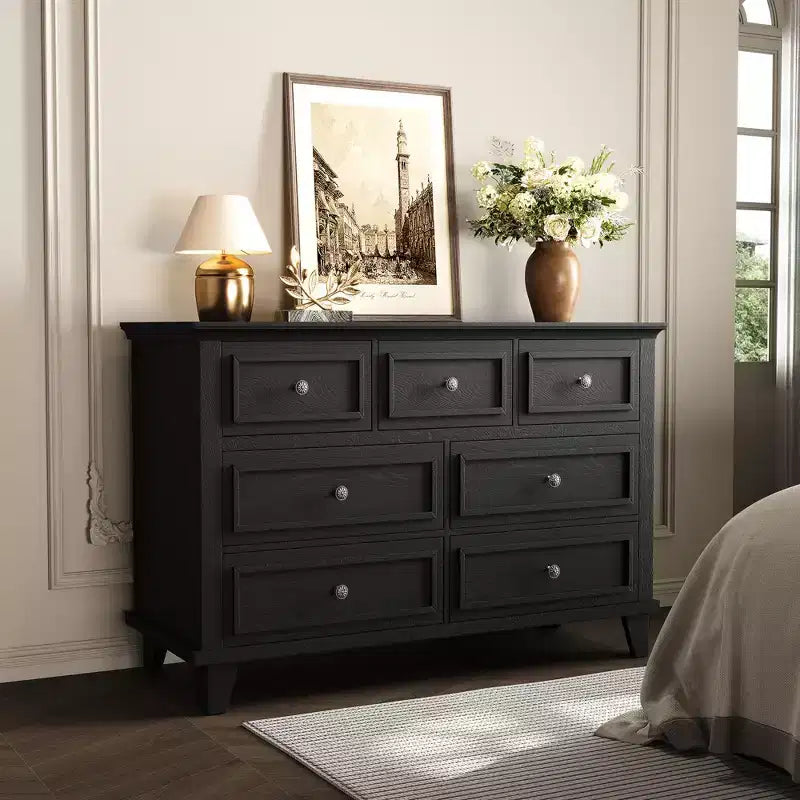 Commode à 7 tiroirs, Grande commode en bois avec poignées métalliques