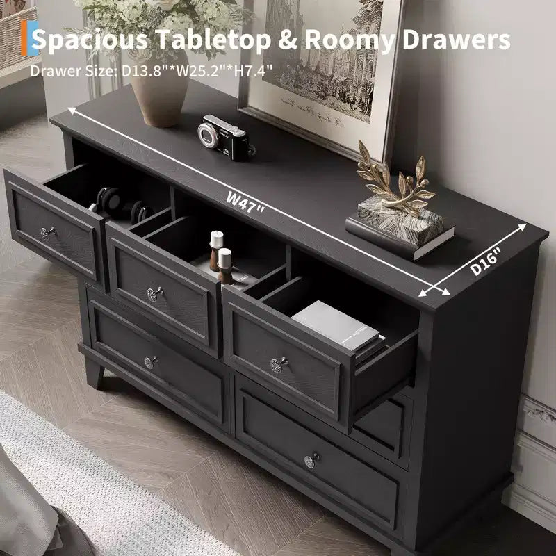 Commode à 7 tiroirs, Grande commode en bois avec poignées métalliques
