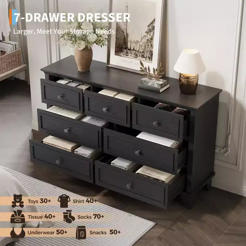 Commode à 7 tiroirs, Grande commode en bois avec poignées métalliques