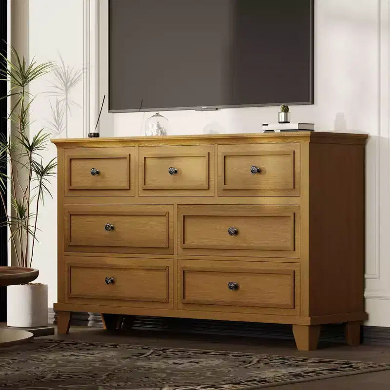 Commode à 7 tiroirs, Grande commode en bois avec poignées métalliques