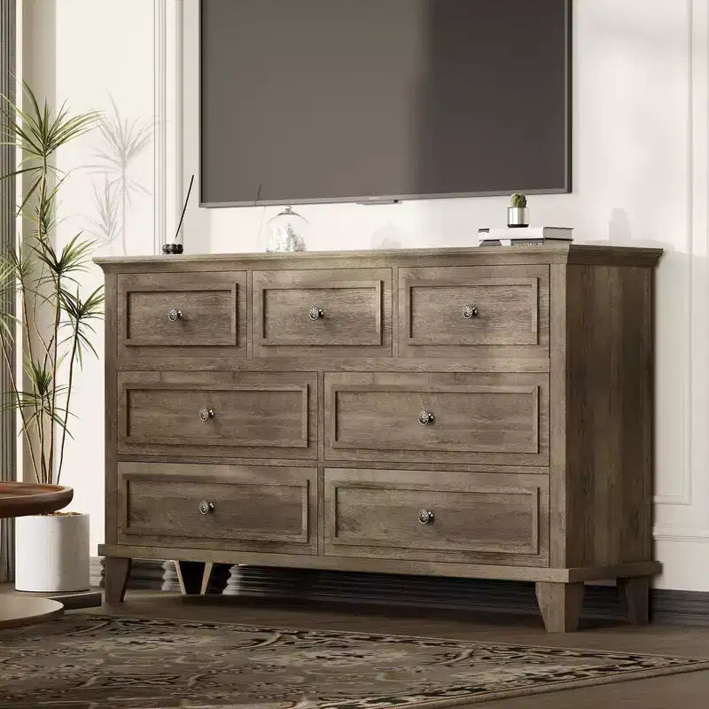 Commode à 7 tiroirs, Grande commode en bois avec poignées métalliques