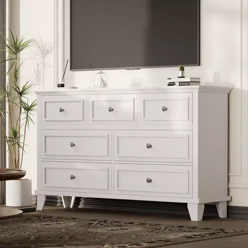 Commode à 7 tiroirs, Grande commode en bois avec poignées métalliques