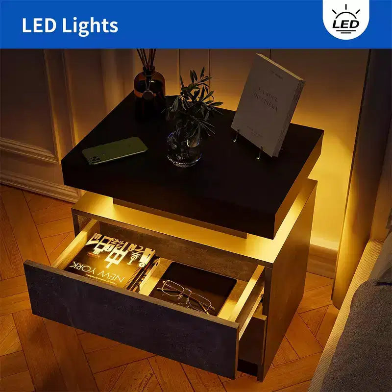 Table de chevet moderne avec 2 tiroirs et éclairage LED