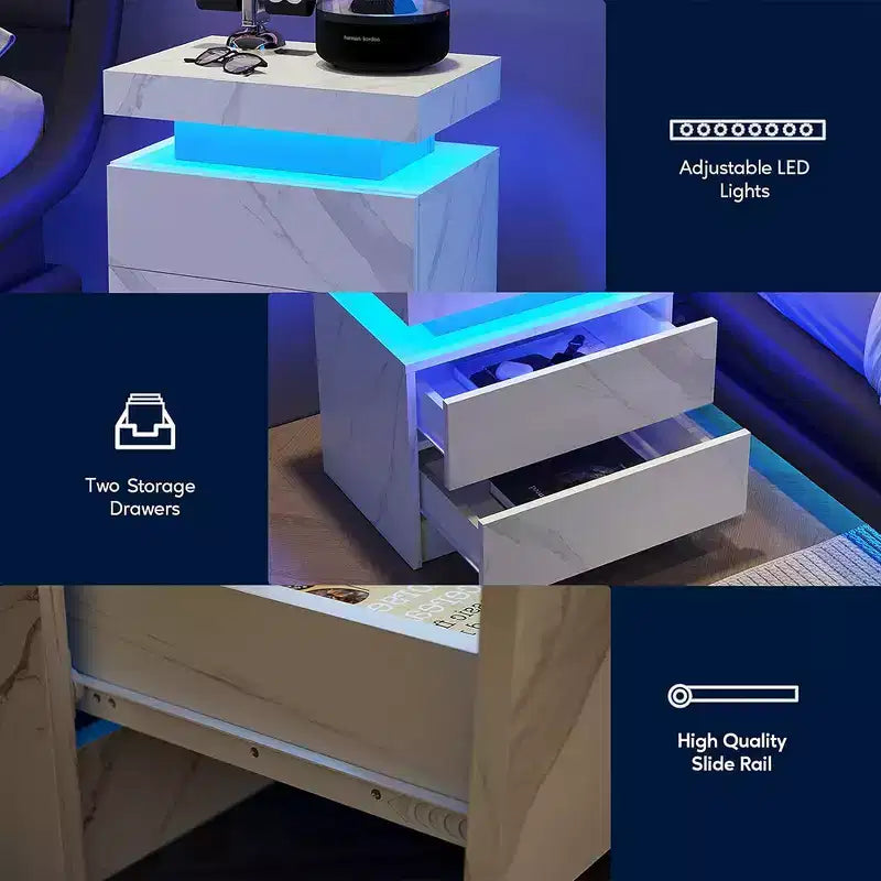 Table de chevet moderne avec 2 tiroirs et éclairage LED