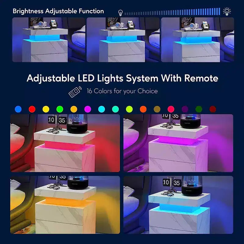 Table de chevet moderne avec 2 tiroirs et éclairage LED