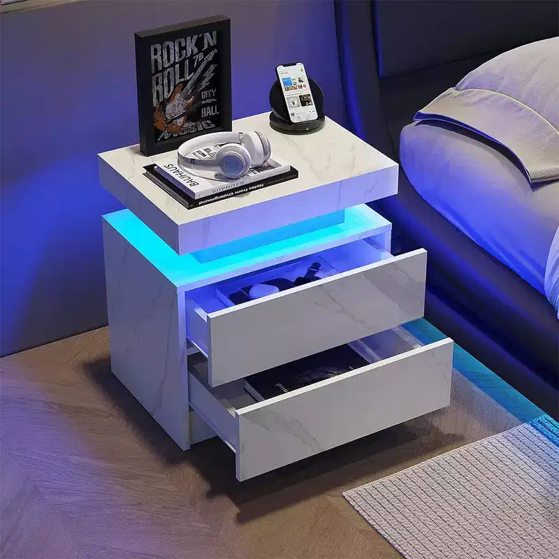 Table de chevet moderne avec 2 tiroirs et éclairage LED