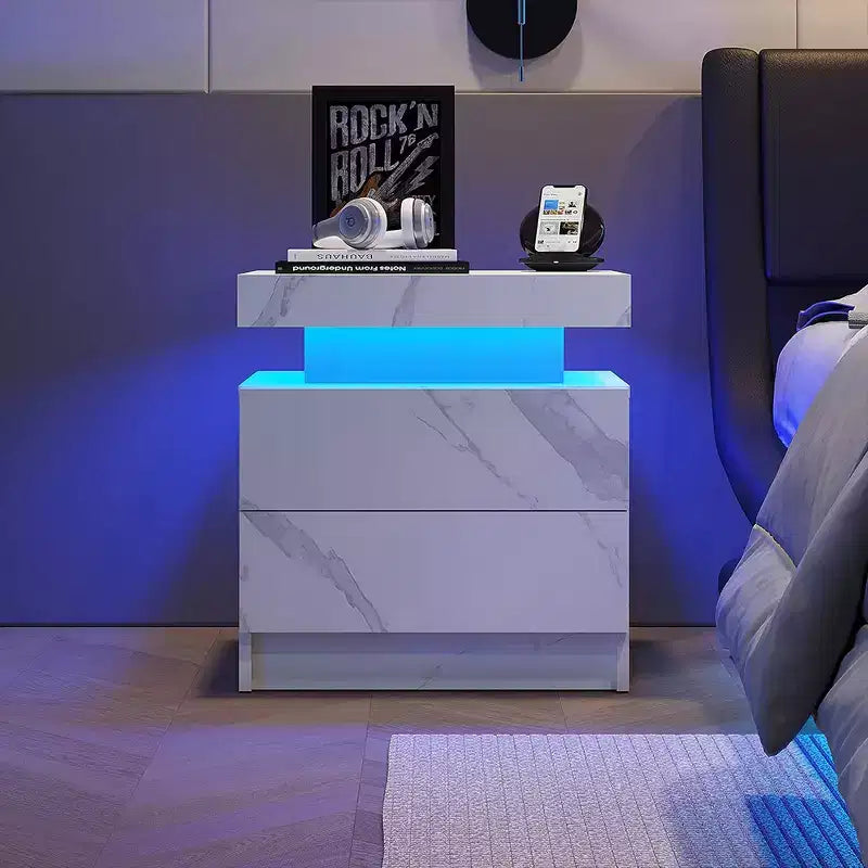 Table de chevet moderne avec 2 tiroirs et éclairage LED