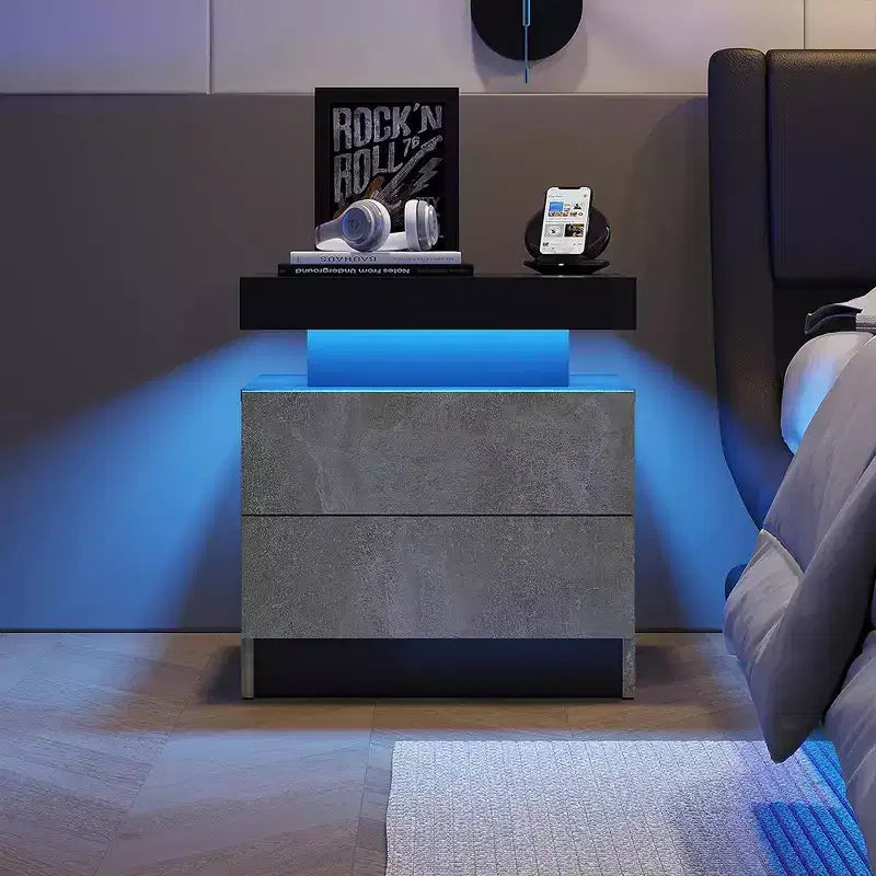 Table de chevet moderne avec 2 tiroirs et éclairage LED