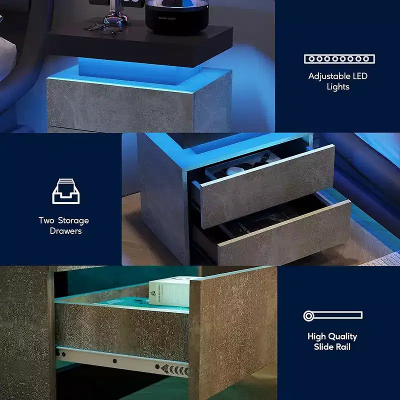 Table de chevet moderne avec 2 tiroirs et éclairage LED