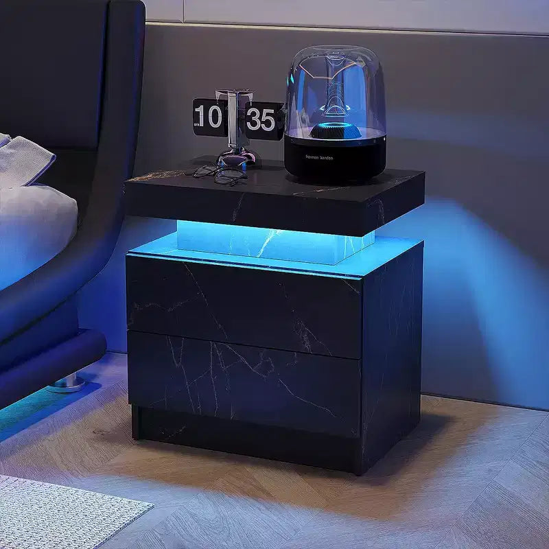 Modern Nightstand with 2 Drawers &amp; LED light, Bedside Table Cabinet End Side for Bedroom Living Room