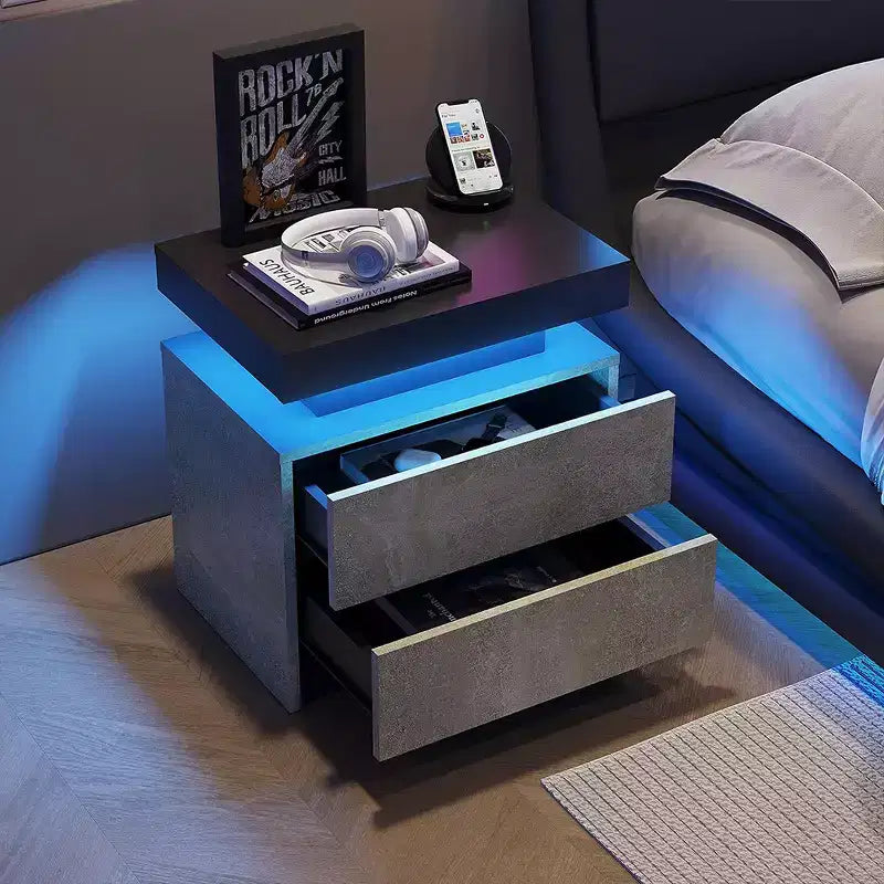 Table de chevet moderne avec 2 tiroirs et éclairage LED