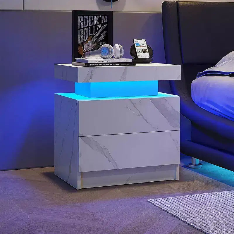 Table de chevet moderne avec 2 tiroirs et éclairage LED