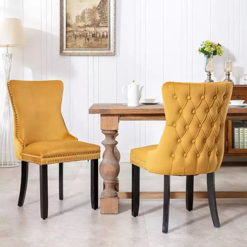 Set of 2 Velvet Upholstered Dining Chairs with Nailhead Trim and Wood Legs - Retro Style, Comfortable Seating for Dining Room and Kitchen