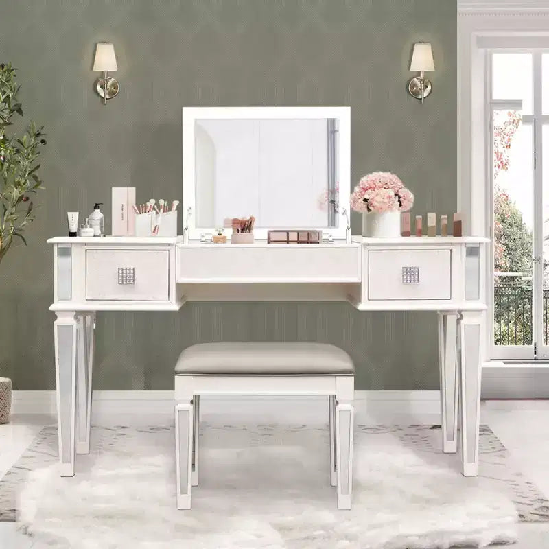 Okak Makeup Vanity with Padding Stool Set, Girls Vanity with Flip Up Mirror and 2 Drawers, Dressing Table for Living Room, Bedroom, White