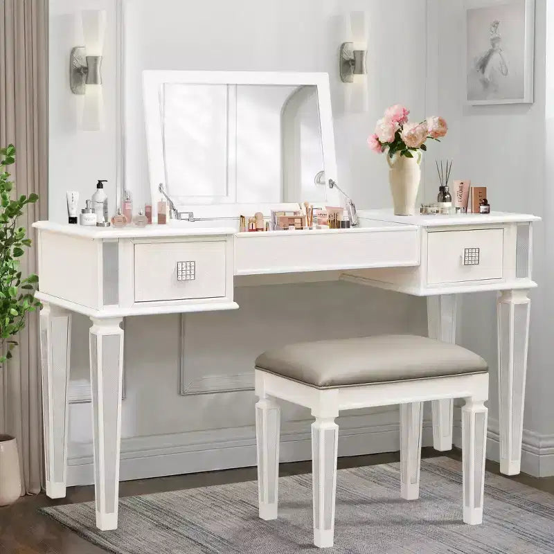 Coiffeuse avec tabouret rembourré, coiffeuse pour filles avec miroir rabattable et 2 tiroirs