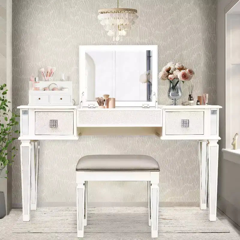 Coiffeuse avec tabouret rembourré, coiffeuse pour filles avec miroir rabattable et 2 tiroirs