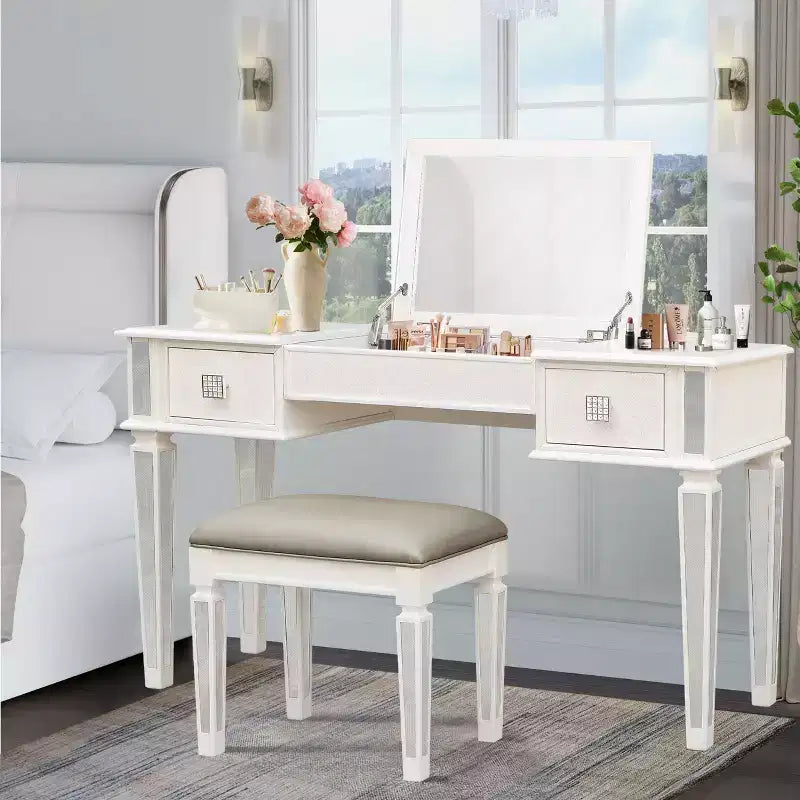 Coiffeuse avec tabouret rembourré, coiffeuse pour filles avec miroir rabattable et 2 tiroirs