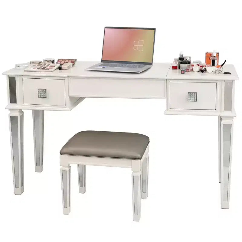 Coiffeuse avec tabouret rembourré, coiffeuse pour filles avec miroir rabattable et 2 tiroirs