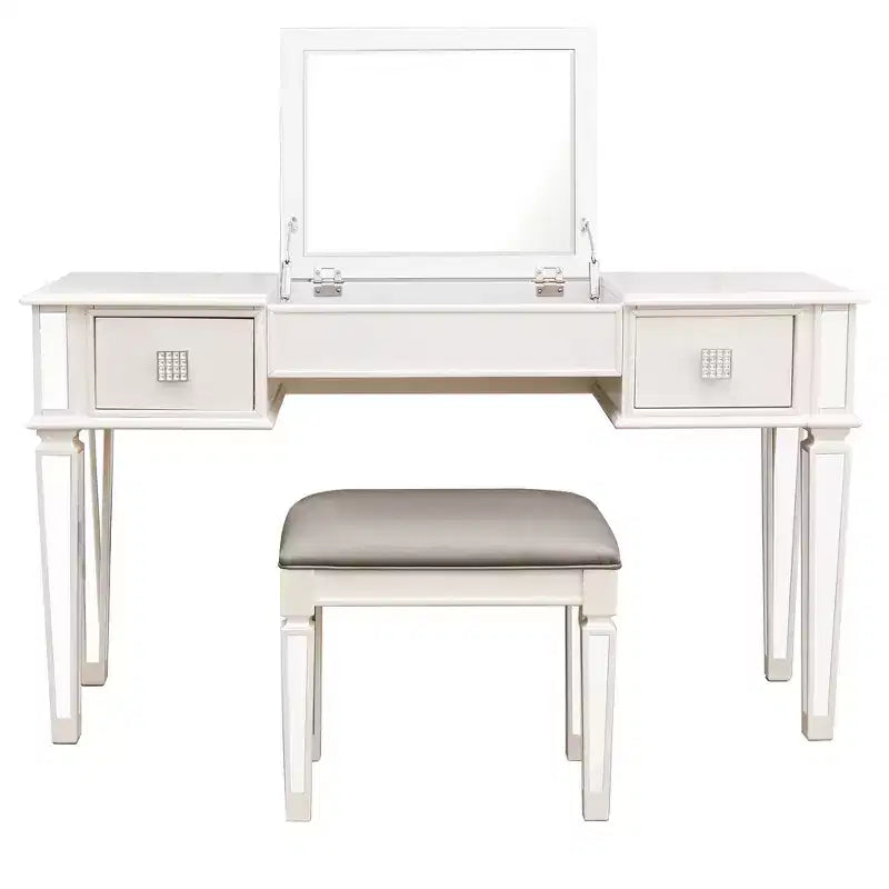 Coiffeuse avec tabouret rembourré, coiffeuse pour filles avec miroir rabattable et 2 tiroirs