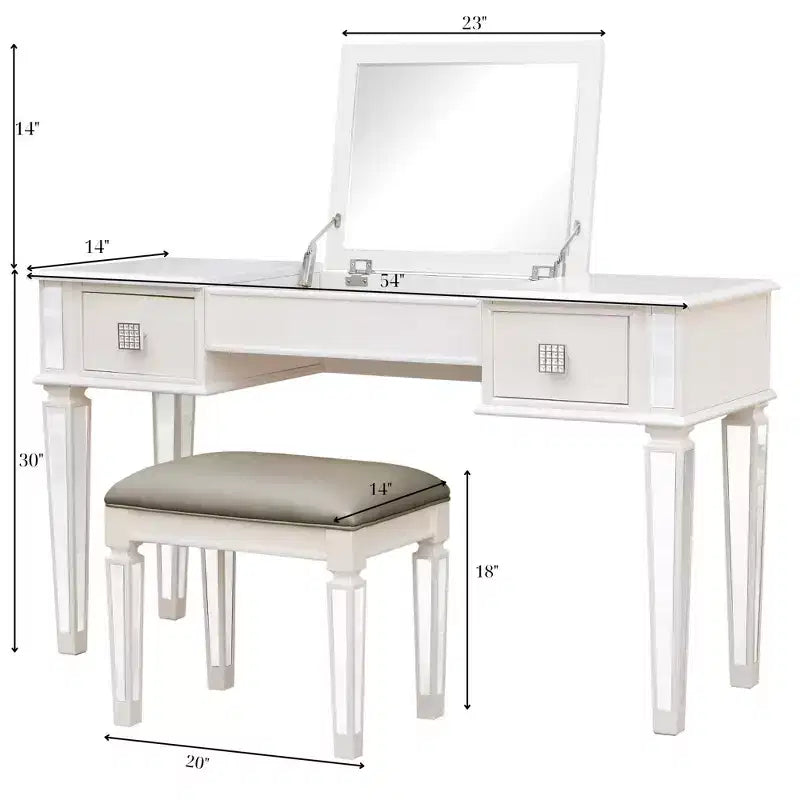 Coiffeuse avec tabouret rembourré, coiffeuse pour filles avec miroir rabattable et 2 tiroirs