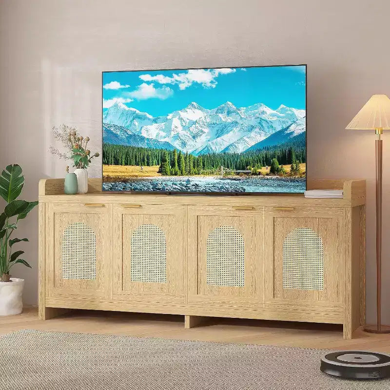 TV Stand for 65 Inch TV, Wood Entertainment Center with Glass Door Storage Cabinet, Console Table for TV for Living Room Bedroom