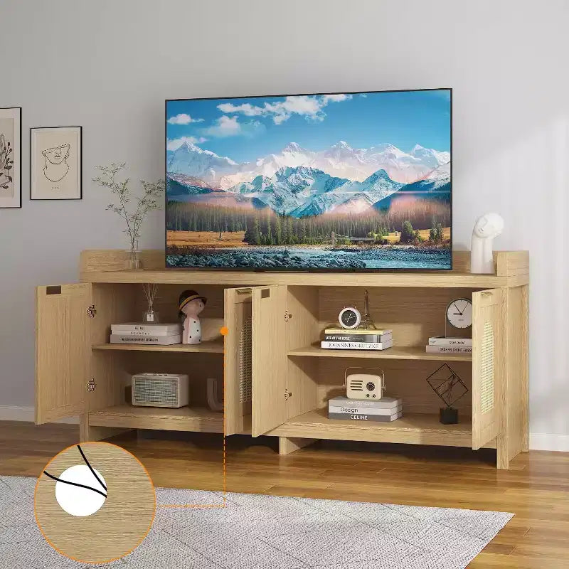 Meuble TV pour télévision de 65 pouces, meuble de divertissement en bois avec armoire de rangement à porte vitrée