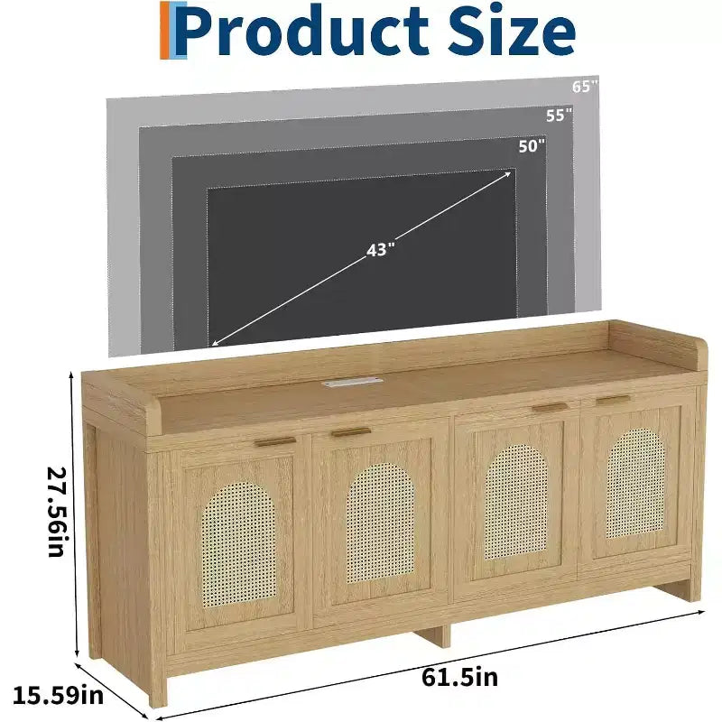 Meuble TV pour télévision de 65 pouces, meuble de divertissement en bois avec armoire de rangement à porte vitrée