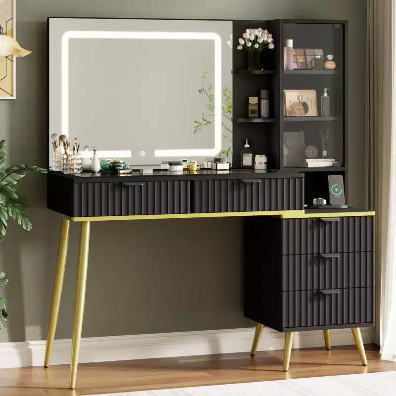 48 Makeup Vanity with Glass Top, Modern Big Vanity Desk with 3 Lighting Modes Mirror &amp; 5 Drawers