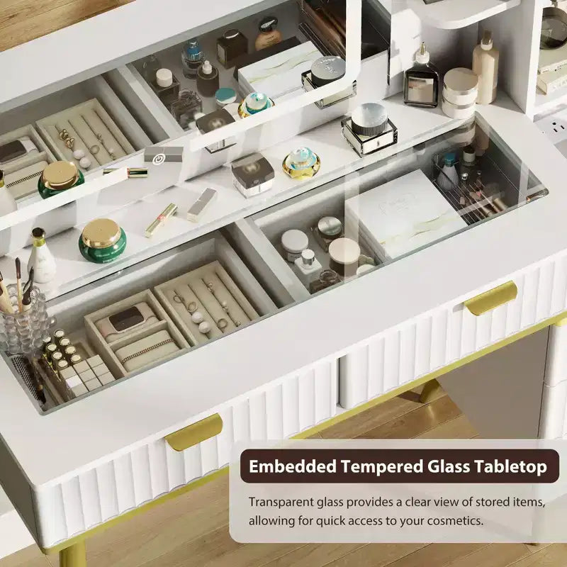Coiffeuse avec plateau en verre, grande coiffeuse moderne avec miroir à 3 modes d'éclairage
