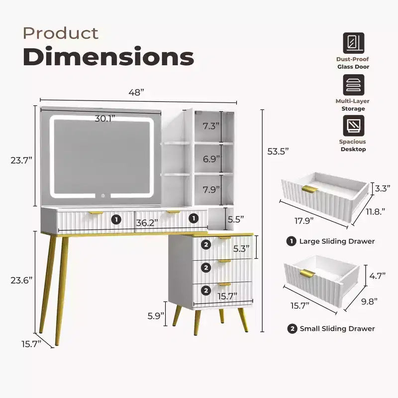 Coiffeuse avec plateau en verre, grande coiffeuse moderne avec miroir à 3 modes d'éclairage